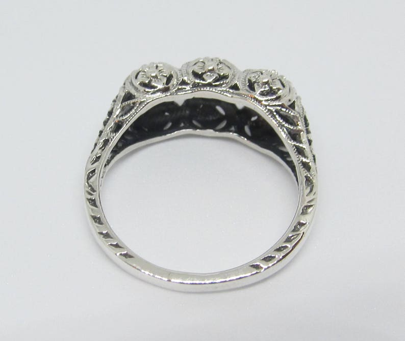 Blue Fire Opal Filigree Ring Band Sterling Silver Size Antique Vintage Edwardian Art Deco Floral