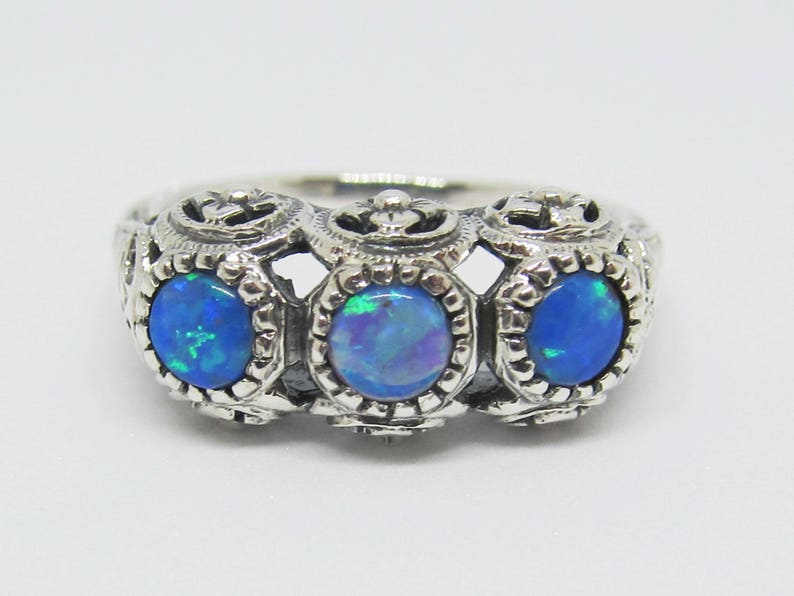 Blue Fire Opal Filigree Ring Band Sterling Silver Size Antique Vintage Edwardian Art Deco Floral
