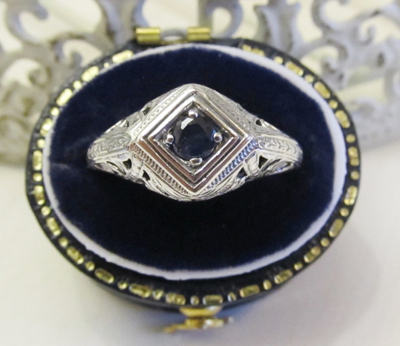 Genuine Sapphire Sterling Silver Filigree Engagement Ring Size 8 Antique Vintage Art Deco Blue Gemstone