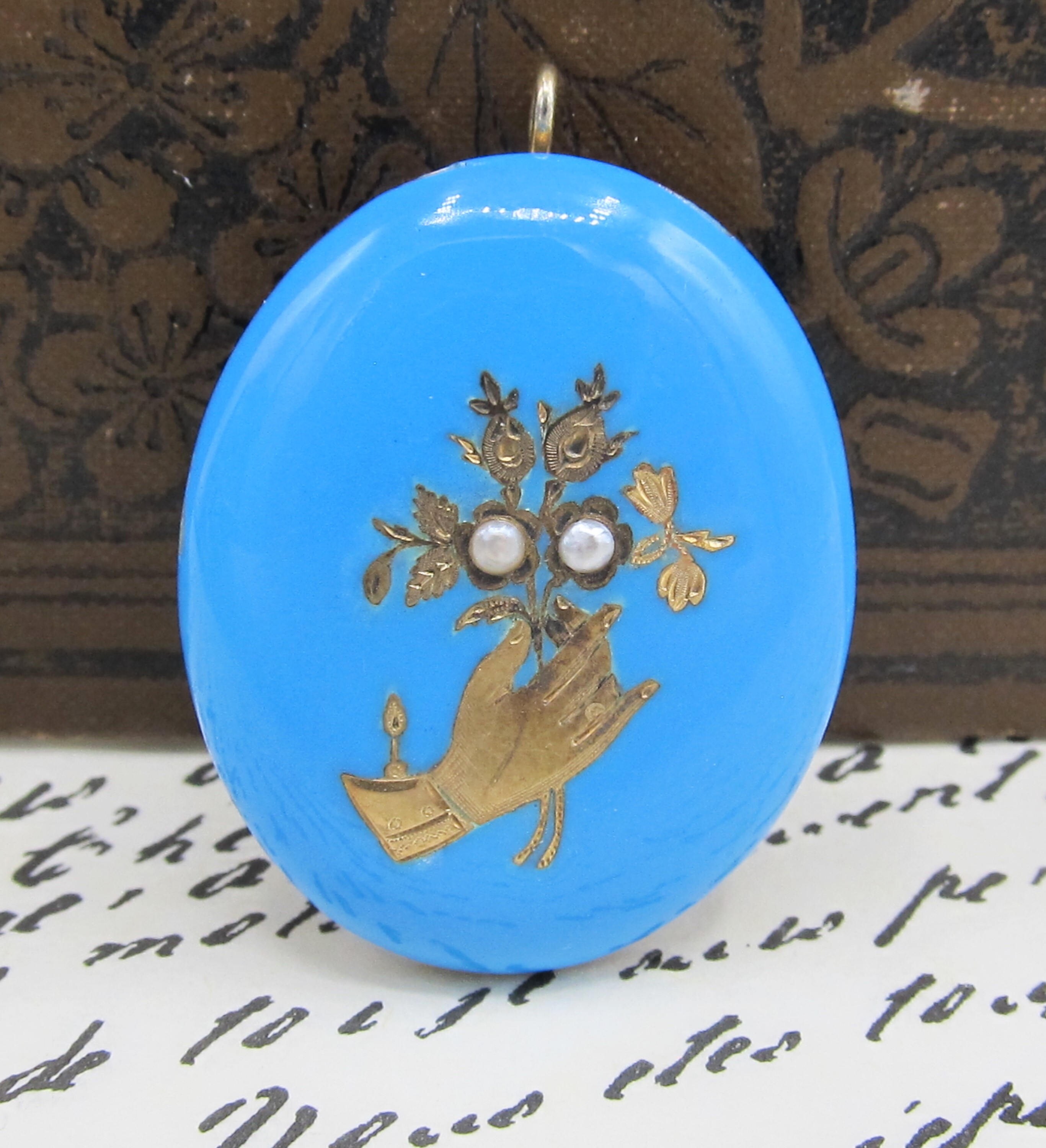 Antique Victorian Robins Egg Blue Enamel Seed Pearl Pendant Etsy