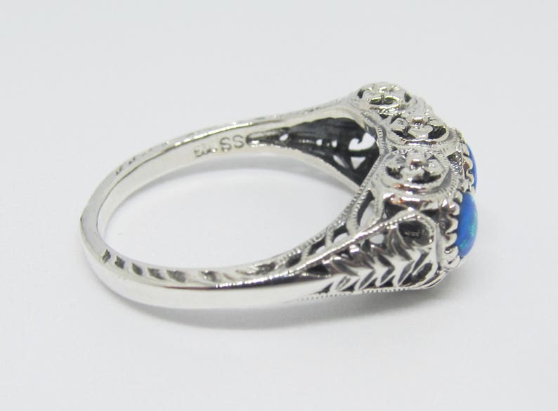 Blue Fire Opal Filigree Ring Band Sterling Silver Size Antique Vintage Edwardian Art Deco Floral