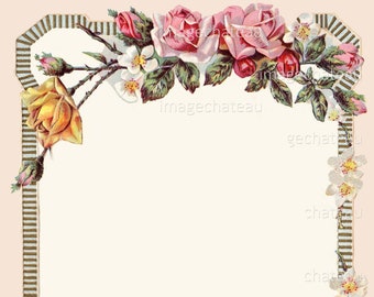 Floral Border DIGITAL DOWNLOAD for Scrapbook Junk Journal PINK Yellow Roses Framing Add Photo Text Printable Craft Image from imagechateau