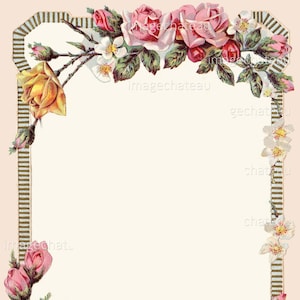 Floral Border DIGITAL DOWNLOAD for Scrapbook Junk Journal PINK Yellow Roses Framing Add Photo Text Printable Craft Image from imagechateau