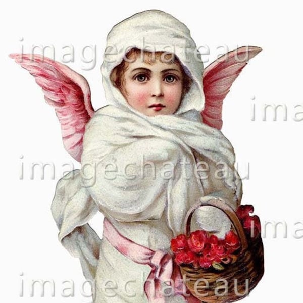 ANGEL Red Shoes Pink Wings Large DIGITIAL DOWNLOAD 8 inches tall Basket of Roses Christmas Snow White Fur Coat Victorian Era imagechateau
