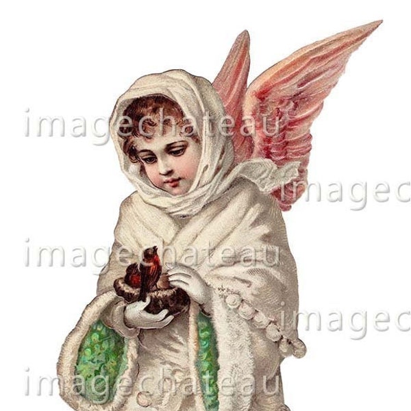 Christmas ANGEL Holding Birds in Next Large DIGITIAL DOWNLOAD 8 inches tall Christmas Snow White Fur Coat Victorian Era from imagechateau