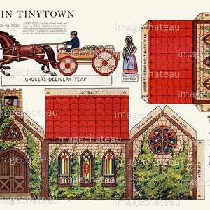TINYTOWN Church 3 Dimensional Cut Outs DIGITAL DOWNLOAD 1915 Town Minister Grocery Horse Wagon Printable Craft Village to Build imagechateau