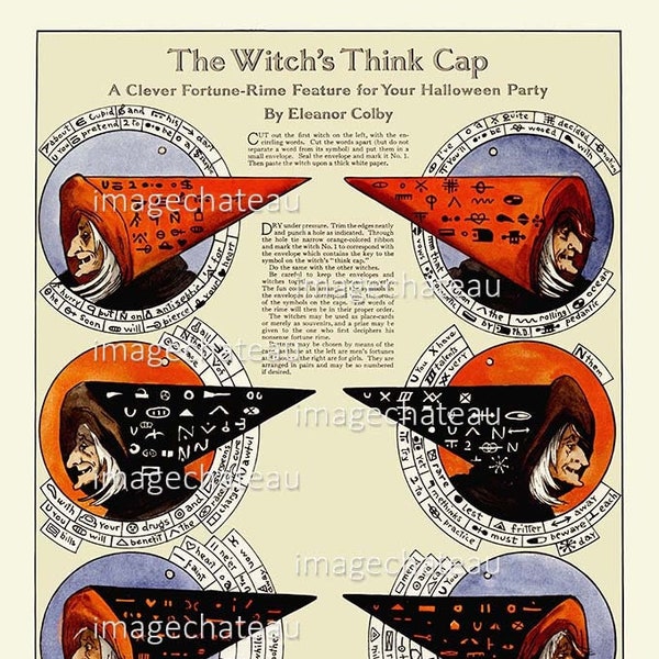 HALLOWEEN WITCH Thinking Cap DIGITAL Download Party Place Cards ou Favor Cut Outs from 1915 Fortune Telling from imagechateau