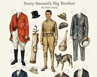 Big Brother Betty BONNET Paper Dolls DIGITAL Download WWI Soldier French Bulldog Tuxedo Hunting Costume Scrapbooking Junk Journal