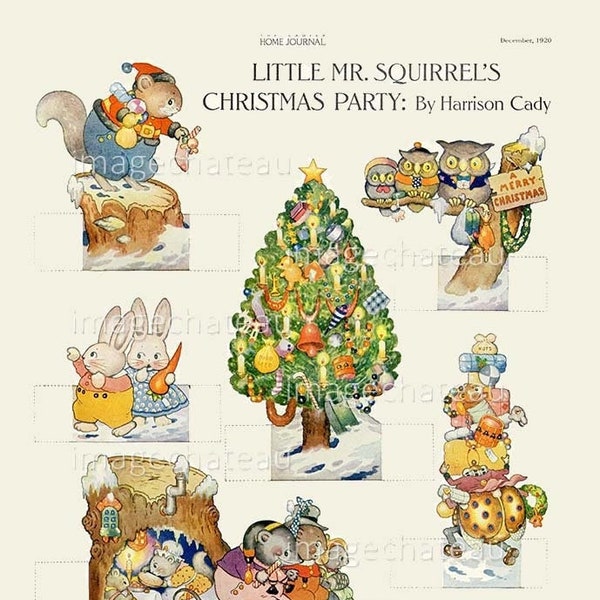 Christmas Party HARRISON CADY New DIGITAL Download Squirrel Bunny Rabbits Dressed Animals Bugs Birds Decorated Tree Printable Cut Out Page