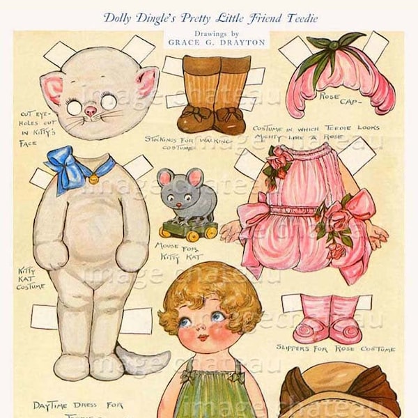 DOLLY DINGLE Friend Teedie Paper Doll  DIGITAL Download Grace Drayton Cat Costume Doll Mouse Toy Fancy Dress Printable Craft Image chateau