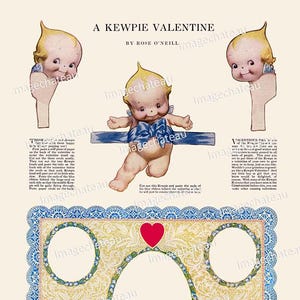 KEWPIE Valentine Digital DOWNLOAD Paper Doll Craft Image Cut Outs by Rose O&#39;Neill Junk Journal Scrapbooking Kewpies Hearts Lace