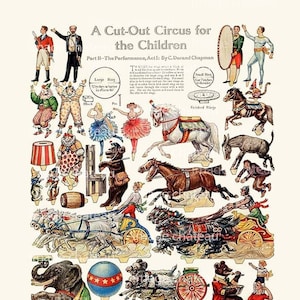 Cut Out ZIRKUS Digital DOWNLOAD Akrobaten Streitwagen Kamel Pferde Clowns Elefant Bär Hund Katze Tier handelt von Vintage Papierpuppenhandwerk