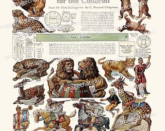 CIRCUS ANIMALS Cut Outs Digital DOWNLOAD Lions Tigers Polar Bears Giraffe Turtle rhinoceros Chariots Paper Toy Junk Journal Crafting