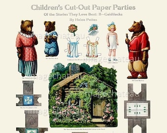THREE BEARS & Goldilocks Fairy Tale Cut Outs Paper Dolls DIGITAL Download Helen Pettes Cottage in Woods Porridge Printable Craft Image