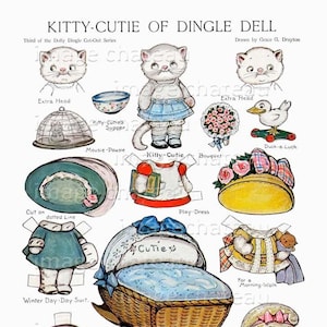 KITTIE CUTIE Kitten Cat of Dingle Dell Paper Dolls Toy DIGITAL Download Grace Drayton Anthropomorphic Dressed Feline May 1909 Repro