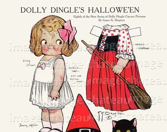 Halloween DOLLY DINGLE Paper Doll DIGITAL Download Witch Costume Pointy Hat Black Kitten Cat Jack O'Lantern Gremlin from October 1916 image