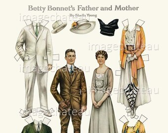 Mom Dad BETTY BONNET Paperdolls DIGITAL Download Mother Father Golf Clothes Evening Dress White Suit Scrapbook Junk Journal Printable