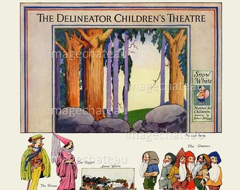 SNOW WHITE and Seven Dwarfs cut-outs THEATRE Digital Download from 1918 Dark Forest Gnomes Cottage Evil Queen Handsome Print Fairy Tale