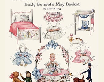 BETTY BONNET Baby DIGITAL Download Paper Dolls Bassinet Bed Teddy Bear Wooden Horse Bunny Toys Buggy Bull Dog Scrapbooking Craft