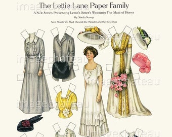 LETTIE LANE Paper Dolls DIGITAL Download Maid of Honor Sister Wedding Dresses Hats Gowns Printable Vintage 1909 from imagechageau