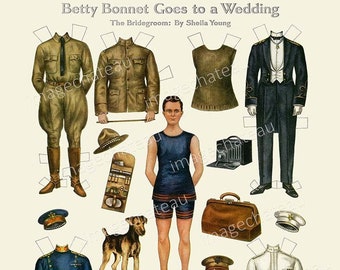 BETTY BONNET WWI Military Wedding Digital Download Paper Dolls Handsome Groom Man Army Uniforms Coats Tuxedo Dress White Camera Scrapbooking