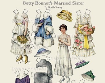 BETTY BONNET Paper Dolls DIGITAL Download Married Sister Fancy Dresses Golf Costume Hats Furs Young Woman Scrapbook Junk Journal Printable