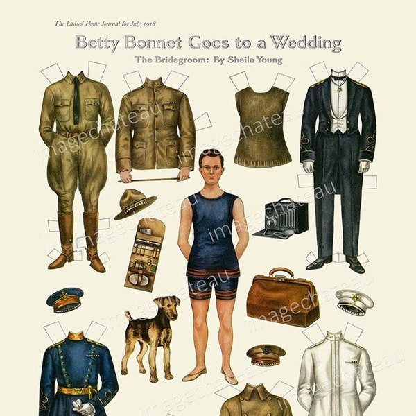 BETTY BONNET WWI Military Wedding Digital Download Paper Dolls Handsome Groom Man Army Uniforms Coats Tuxedo Dress White Camera Scrapbooking