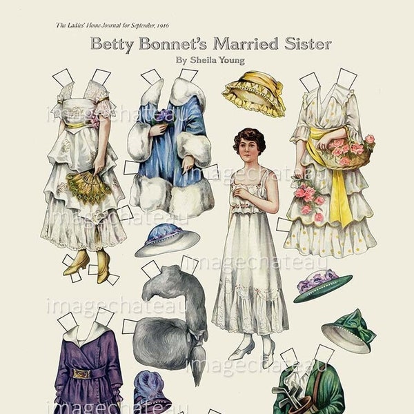 BETTY BONNET Paper Dolls DIGITAL Download Married Sister Fancy Dresses Golf Costume Hats Furs Young Woman Scrapbook Junk Journal Printable