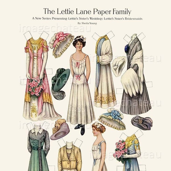 LETTIE LANE Bridesmaid Paper Dolls DIGITAL Download Pretty Young Woman Wedding Party Fashion Elegant Gown Bouquet Winter Dresses Edwardian