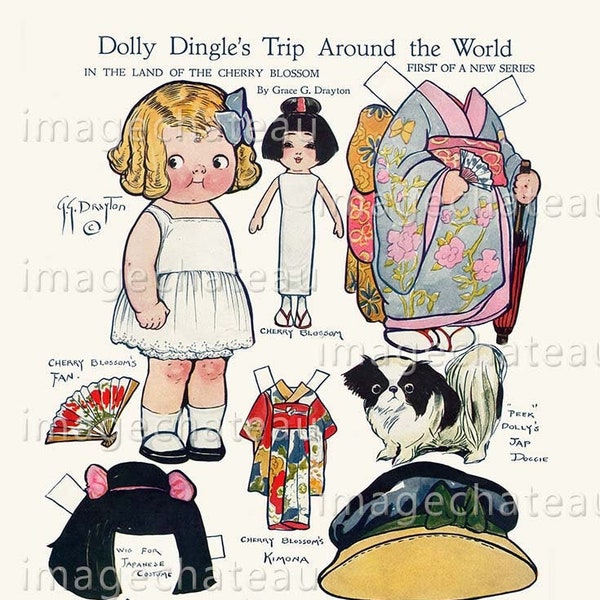 Japan DOLLY DINGLE Paper Doll DIGITAL Download Trip Around World Pekingese Dog Japanese Dress Grace Drayton Cut Outs Junk Journal etc