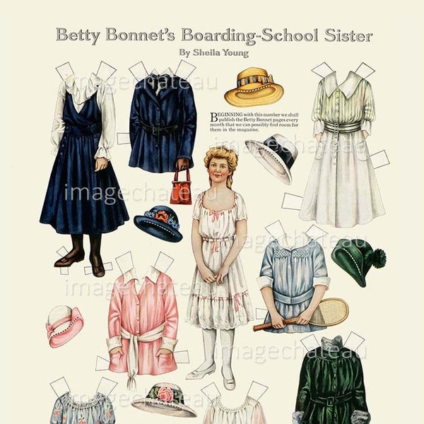 BETTY BONNET Paper Dolls DIGITAL Download Boarding School Sister Fancy Clothes Hats Dresses Scrapbooking Junk Journal Printable