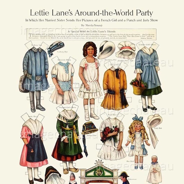 Lettie Lane Paper Dolls DIGITAL Download French Girl Doll PUNCH JUDY Show Cut Outs Fancy Hats Dresses Junk Journal Scrapbooking