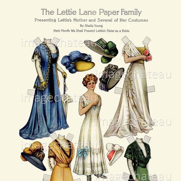 LETTIE LANE Paper Dolls DIGITAL Download Mother Edwardian Dresses Hats Gowns Coat Printable Vintage 1909 from imagechageau