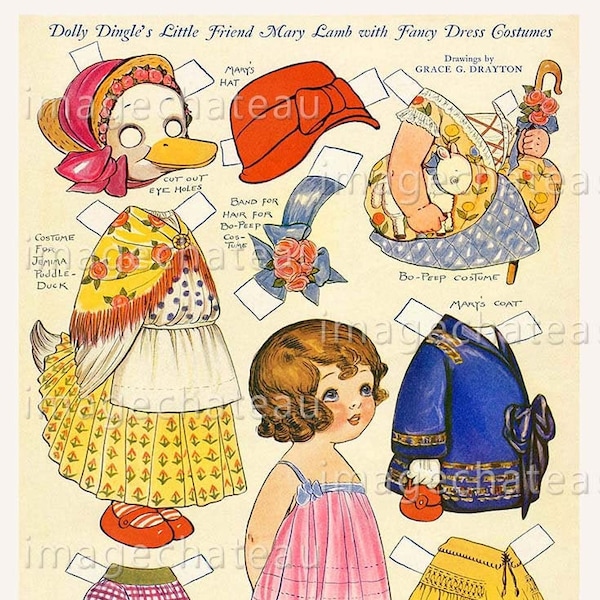 DOLLY DINGLE Paper Doll  DIGITAL Download Grace Drayton Friend Mary Lamb Bo Peep Jemina Duck Costumes Fancy Dress Printable Craft Image