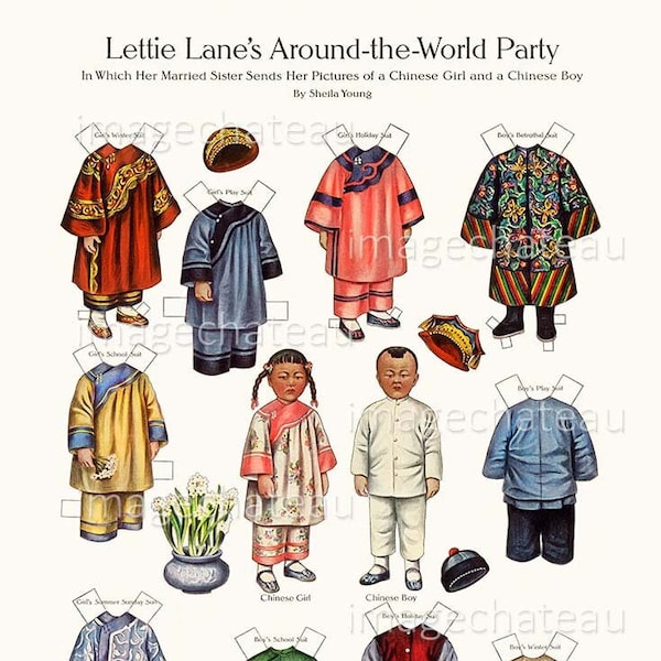 Chinese Trip LETTIE LANE Children Paper Dolls DIGITAL Download Little Girl Boy Fancy Robes Dress Around World Party Asian Fashion