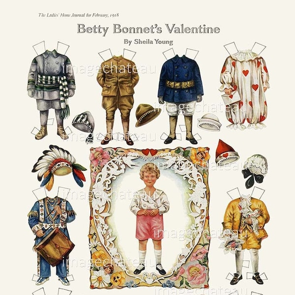 BETTY BONNET Paper Dolls DIGITAL Download Valentine Boy Costumes Indian Soldier Clown 18th Century Sailor Suit