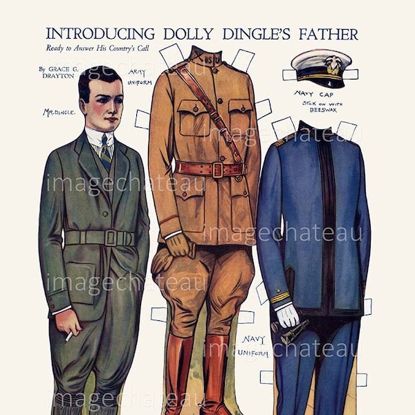 DOLLY DINGLE Father Paper Dolls DIGITAL Download Army and Navy Uniforms Caps World War 1 Patriotic Junk Journal Scrapbooking