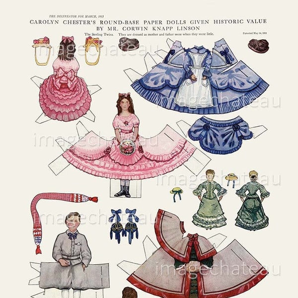 VINTAGE Fashion Paper Dolls DIGITAL DOWNLOAD 1860s Front Back Wrap Around Dress Children Boy Girl Snow Sled Winter Coat Carolyn Chester