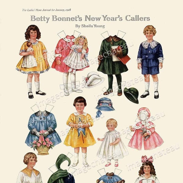 BETTY BONNET New Year Paper Dolls DIGITAL Download Children Boys Girls Dolls Baby Winter Fashions Basket Apples Scrapbooking Junk Journal