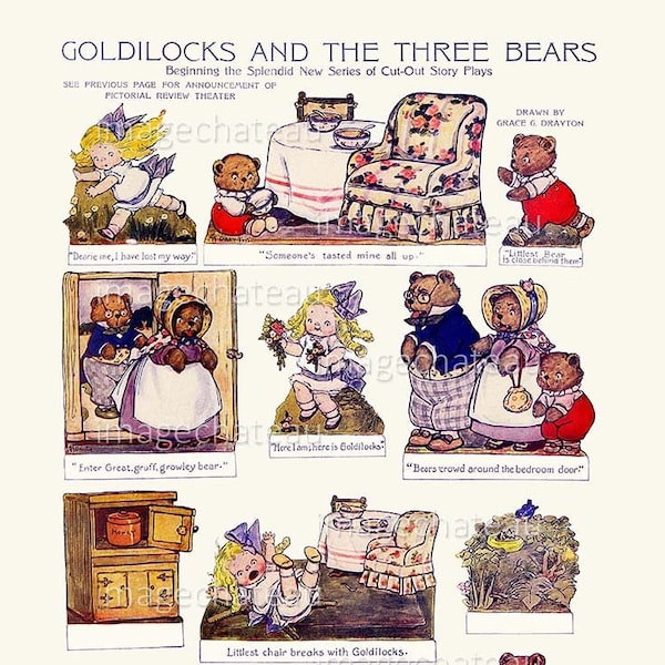 Three BEARS Cut Outs Digital DOWNLOAD Grace Drayton GOLDILOCKS Baby Mama Papa Bears Eating Porridge Sleeping Soft Bed Fairy Tale Paper Dolls