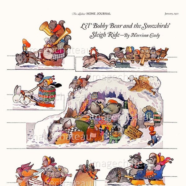 Bobby Bear HARRISON CADY Cut Out Page New DIGITAL Download Printable Bunny Rabbits Moles Snow Birds Sleigh Ride Dressed Animals 1921