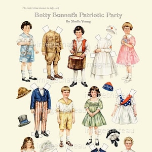 Patriotic BETTY BONNET Paper Dolls DIGITAL Download Party Boys Girls Drummer Stars Stripes Uncle Sam Costume Scrapbooking Junk Journal