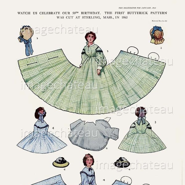 CIVIL WAR Paper Doll DIGITAL Download Front Back Wrap Around Dress 1863 First Butterick Pattern Printable Craft Women in Blue and Green