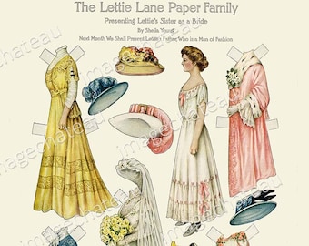 LETTIE LANE Sister Bride Paper Dolls DIGITAL Download Edwardian Wedding Trousseau Dresses Hats Gowns Printable Vintage 1909 imagechageau