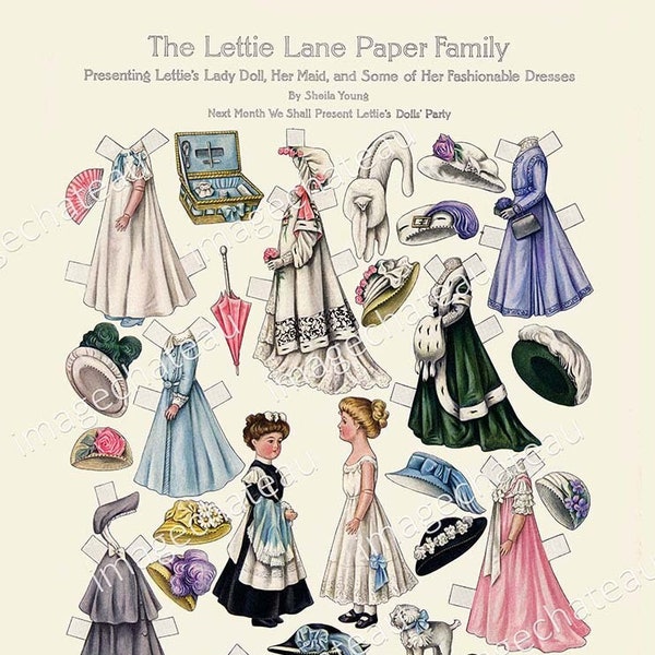 LETTIE LANE Lady Doll & Maid DIGITAL Download Paper Dolls Edwardian Fashions Fancy Dress Costumes Hats Trunk Umbrella Dog Puppy Cut Outs