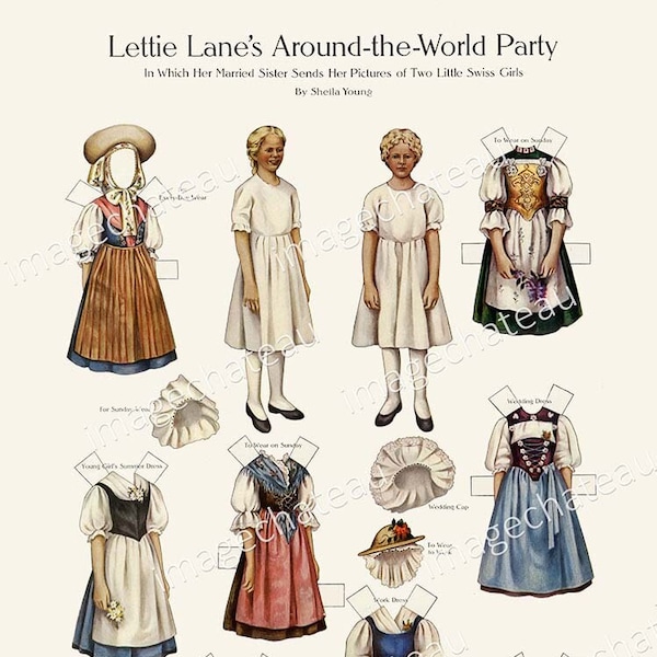 LETTIE LANE Swiss Girl Paper Dolls DIGITAL Download Switzerland Traditional Folk Dress Costume Around World Party Printable Cut Outs