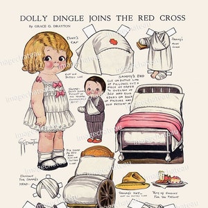 Red Cross DOLLY DINGLE Paper Doll Digital Download WWI Patriotic Little Girl Nurse Soldier Medicine Wheelchair from January 1918 image