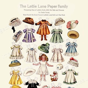 Può includere: Un set di bambole di carta vintage con una bambola di una bambina con vari abiti e cappelli. Il set include un vestito bianco, un vestito verde, un vestito blu, un vestito giallo, un vestito nero, un vestito rosa, un cappotto bianco, un cappotto blu, un cappello verde, un cappello blu, un cappello bianco, un cappello giallo, un cappello rosa, un cappello marrone, un ombrello bianco e un orsacchiotto.