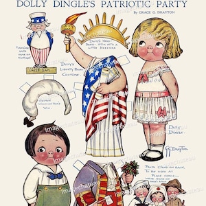 DOLLY DINGLE Patriotic Party DIGITAL Download Paper Dolls Statue of Liberty Uncle Sam Columbia World War I from February 1918 image