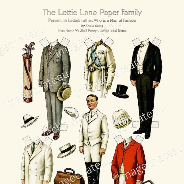 Lettie Lane Father Paper Dolls DIGITAL DOWNLOAD Edwardian Man of Fashion Suits Hunting Costume Dog Golf Bag Uniform Cut Outs